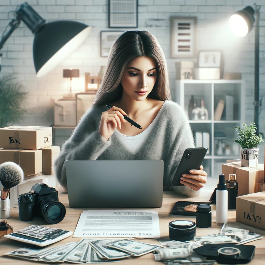 A young social media influencer sits at a desk with a laptop and phone, surrounded by beauty products, travel gear, and packages, reviewing tax and income documents in a modern, well-organized workspace with content creation equipment like a camera, lights, and a microphone.