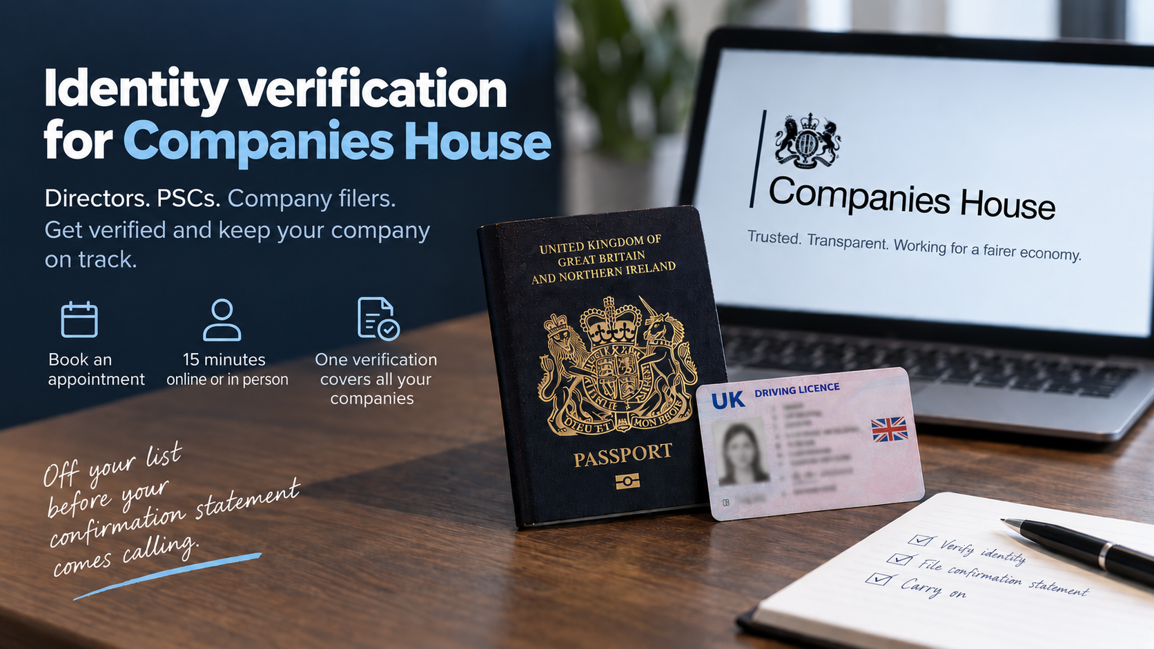 Companies House needs to verify your identity. We can do it on one 15-minute call.